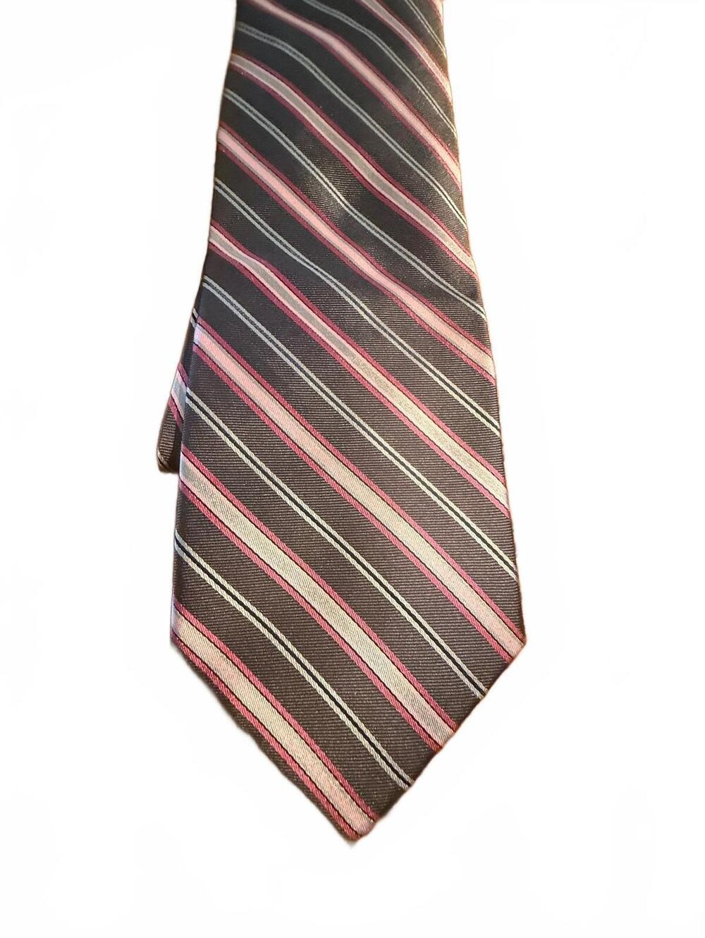 CM Gold Series Handmade 100% Silk Men's Tie with Pink and Gray Stripes